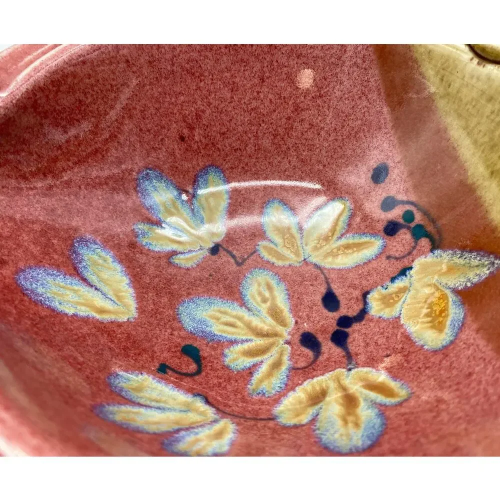 Handmade Pottery handled dish pour spout‎ round red floral Signed Art pottery